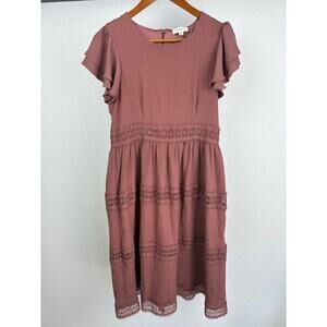 Böhme Mauve Eyelet Tiered Midi Dress Sz M – Flutter Sleeve Fall Lace Boho